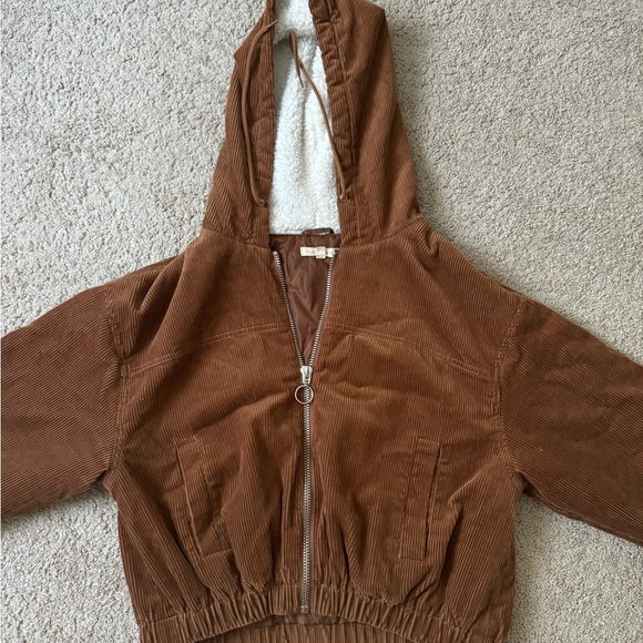 BROWN CORDUROY SHERPA HOOD CROPPED JACKET - Picture 3 of 11